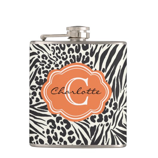 Chic Zebra Leopard & Orange Custom Monogram Flask Flachmann (Vorderseite)