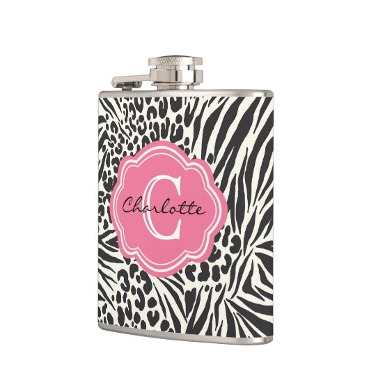 Chic Zebra Leopard und Pink Custom Monogram Flask Flachmann (Links)