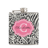 Chic Zebra Leopard und Pink Custom Monogram Flask Flachmann (Vorderseite)