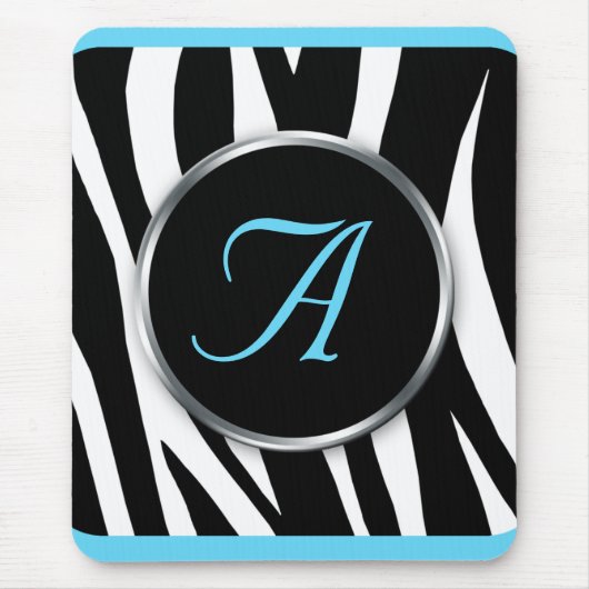 Chic Zebra Print Aqua Blue Monogram Mousepad (Vorne)