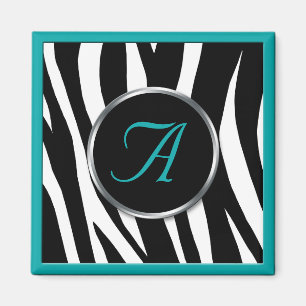 Chic Zebra Print Aquamarin Monogram Magnet