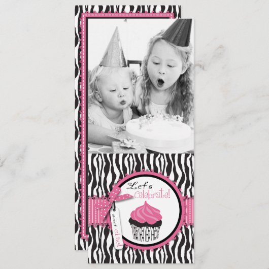 Chic Zebra Print & Cupcake Birthday Foto Vorlage (Vorne/Hinten)
