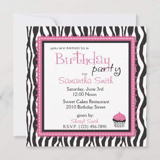 Chic Zebra Print & Cupcake Birthday Foto Vorlage (Rückseite)