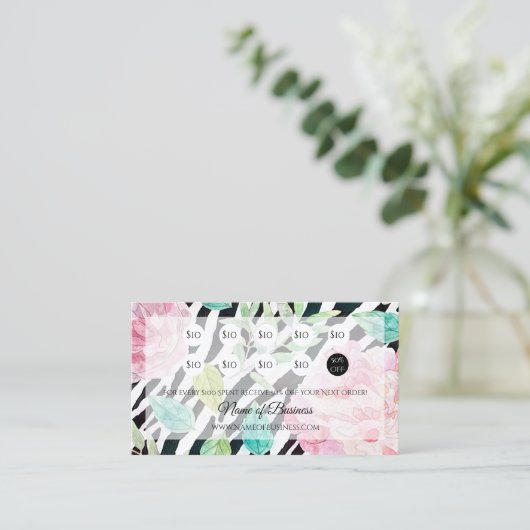 Chic Zebra Print Pink Floral Loyalty Prämien Treuekarte (Stehend Vorderseite)