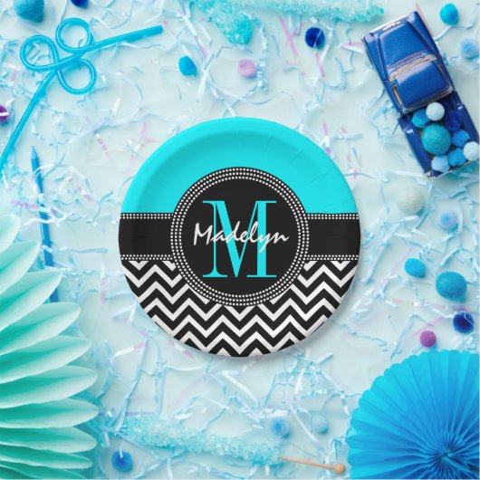 Chic Zickzack Bright Aqua Birthday Monogram Pappteller (Party)