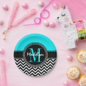 Chic Zickzack Bright Aqua Birthday Monogram Pappteller (Party)