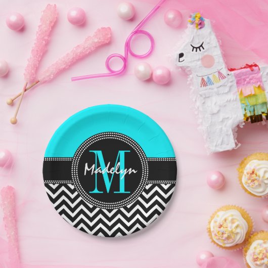 Chic Zickzack Bright Aqua Birthday Monogram Pappteller (Party)