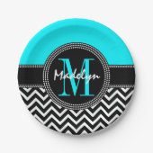 Chic Zickzack Bright Aqua Birthday Monogram Pappteller (Vorderseite)