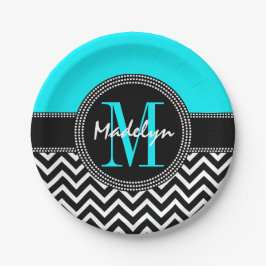 Chic Zickzack Bright Aqua Birthday Monogram Pappteller