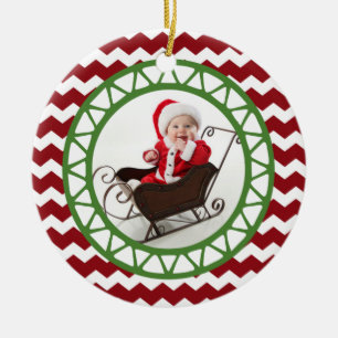 Chic-Zickzack rote grüne WeihnachtsFoto-Verzierun Keramikornament