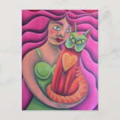 Chica y su gato verde pintura óleo arte postkarte (Vorderseite)