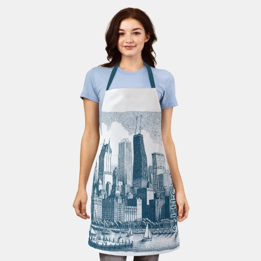 Chicago Blue White All-Over Print Schürze (Getragen)