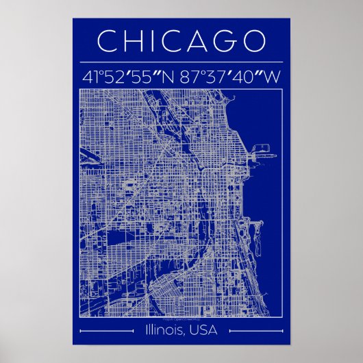 Chicago Blueprint City Map Poster Blue Minimalist (Vorne)