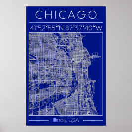 Chicago Blueprint Stadtplan Poster Blau Minimalist