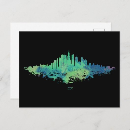 Chicago City Skyline Wasserfarbe in blau und grün Postkarte (Vorne/Hinten)