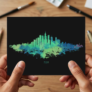 Chicago City Skyline Wasserfarbe in blau und grün Postkarte