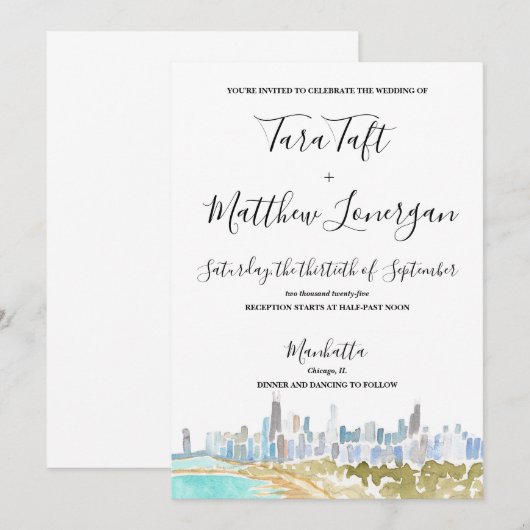 Chicago City Skyline Watercolor Wedding Invitation Einladung (Vorne/Hinten)