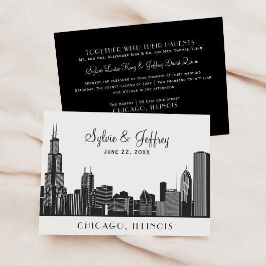 Chicago City Skyline Wedding Black and White Einladung