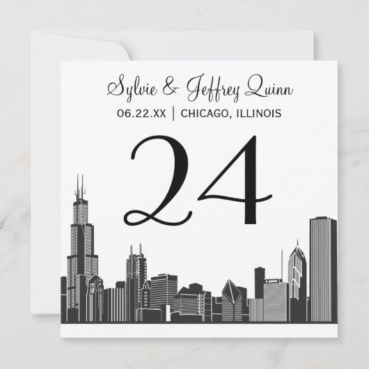 Chicago City Skyline Wedding Monogram Tischnummer (Rückseite)