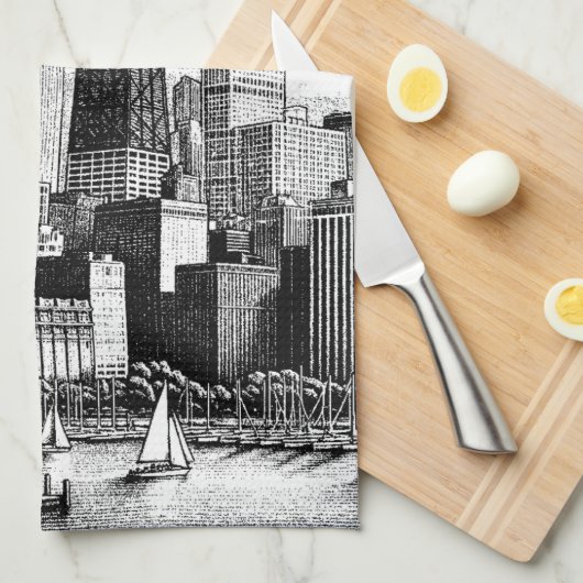 Chicago Cityscape Schwarz-weiß Geschirrtuch (Viertel Falte)