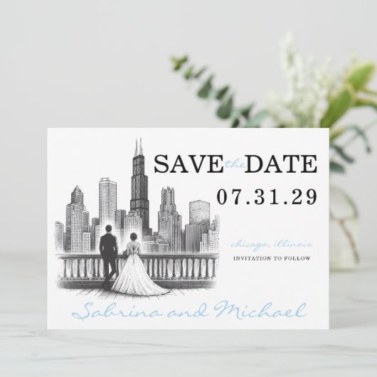 Chicago Couple Save The Date (Stehend Vorderseite)