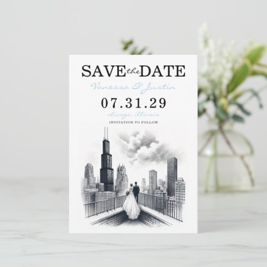Chicago Couple Save The Date (Stehend Vorderseite)