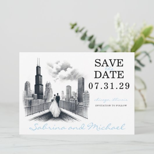 Chicago Couple Save The Date (Stehend Vorderseite)