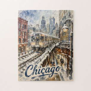 Chicago-El-Zug im Winterschnee Puzzle
