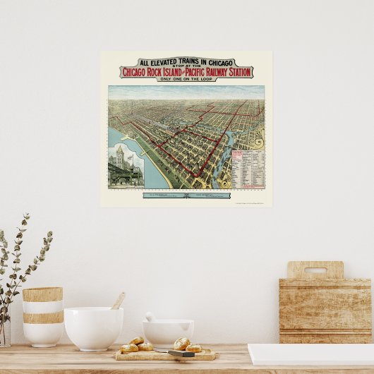 Chicago Elevated Trains, IL Panoramic Map - 1893 Poster (Küche)