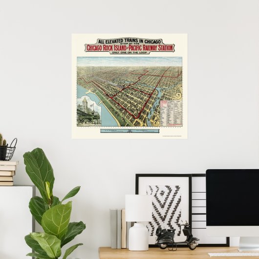 Chicago Elevated Trains, IL Panoramic Map - 1893 Poster (Heimbüro)