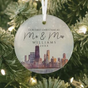 Chicago erstes Weihnachten als Herr und Frau Hochz Ornament Aus Glas