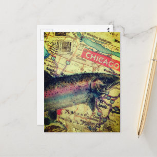 Chicago-Fischkarte Mixed-Media-Collage Postkarte