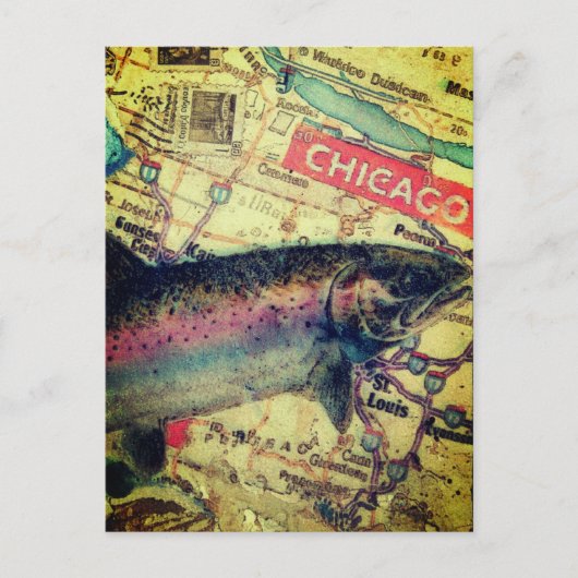 Chicago Fish Map Mixed Media Collage Postkarte (Vorderseite)