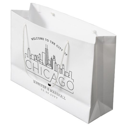 Chicago-Hochzeit | Stilisierte Skyline Große Geschenktüte (Vorderseite Schrägansicht)