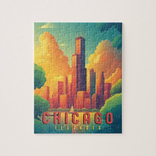 Chicago Iconic Skyline & Lake Michigan Puzzle (Vertikal)