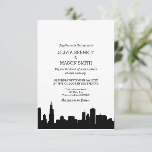 Chicago Il Skyline Cityscape Wedding Einladung (Stehend Vorderseite)