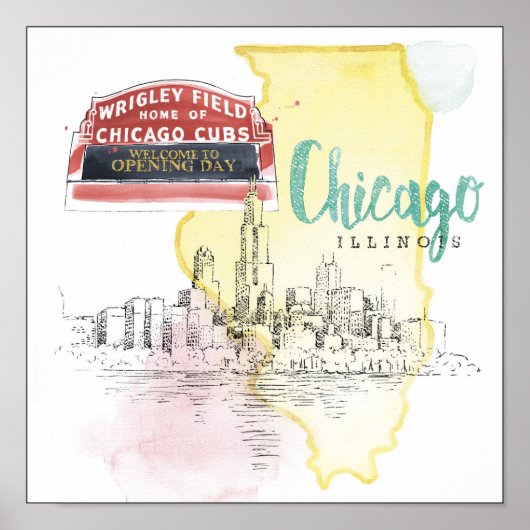 Chicago, Illinois | Aquarellbild Poster (Vorne)