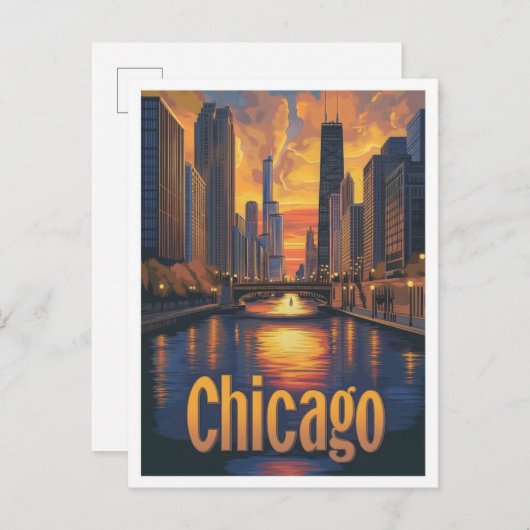 Chicago Illinois Art Vintage Travel Illustration Postkarte (Vorne/Hinten)