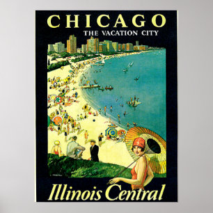 Chicago Illinois Beach Vintage Travel Poster