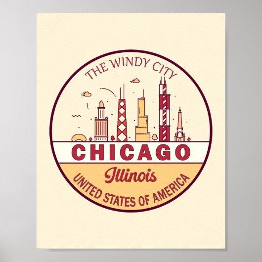 Chicago Illinois City Skyline Emblem Poster (Vorne)