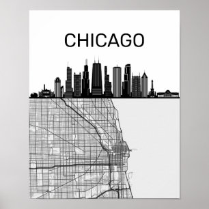 Chicago Illinois City Skyline mit Karte Poster