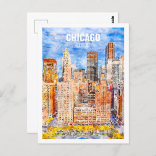 Chicago Illinois Famous Travel Watercolor Sketch Postkarte