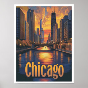 Chicago Illinois Kunst Vintage Reiseillustration Poster