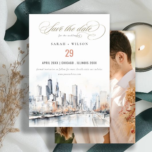 Chicago, Illinois Scape Wassercolor Foto Wedding Save The Date