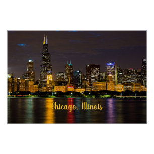Chicago, Illinois Skyline bei Nacht Poster