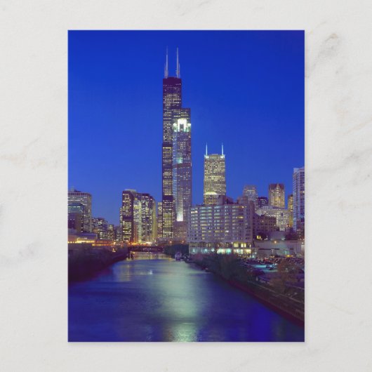 Chicago, Illinois, Skyline nachts mit Chicago Postkarte (Vorderseite)