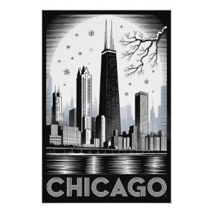 Chicago Illinois Skyline Schwarz Weiß Holzschnitt Poster