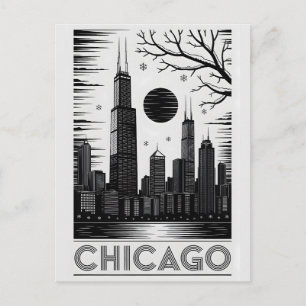 Chicago Illinois Skyline Schwarz-Weiß-Holzschnitt Postkarte