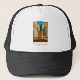 Chicago Illinois Skyline Vintage Art Travel Truckerkappe