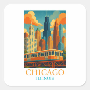 Chicago Illinois Skyline Vintage Kunst Reise Quadratischer Aufkleber